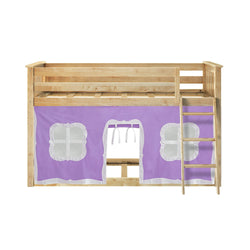 180214001061 : Bunk Beds Twin-Size Low Bunk Bed With Curtain, Natural + Purple Curtain