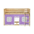 Natural pine loft bed with ladder and purple playhouse curtain – kids twin loft bed frame for small bedrooms