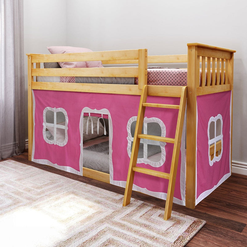 Kids pink loft bed with ladder and playhouse curtain in cozy bedroom.