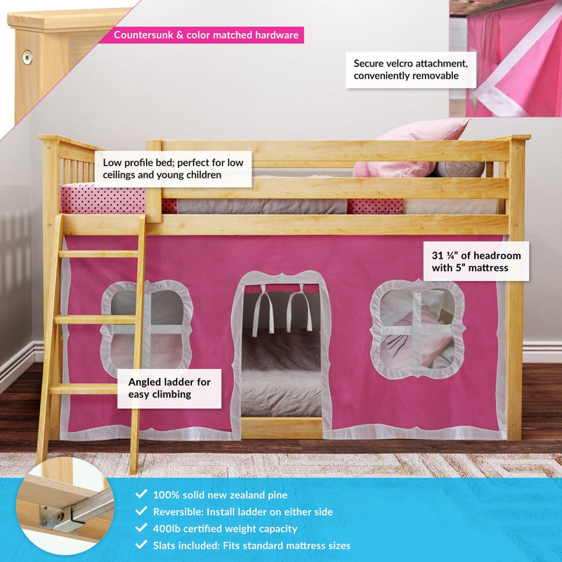 Wooden loft bed for kids with pink canopy, showcasing low profile design, angled ladder, secure velcro attachments, and reversible assembly made from solid New Zealand pine.