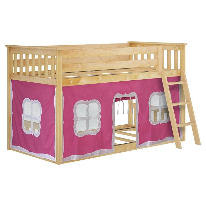 Wooden loft bed with pink and white play tent and ladder, perfect for children's bedroom.