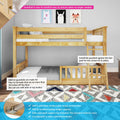 Solid New Zealand pine twin-over-twin bunk bed with removable safety guardrail and ladder in kids' room, natural finish, slatted rails, fits standard twin mattresses