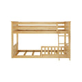 Natural light-wood twin-over-twin bunk bed with ladder and slatted guardrails, modern wooden kids bed frame in maple-tone finish on white background