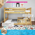 Light natural New Zealand pine twin-over-twin bunk bed in a kids' bedroom with ladder, removable safety guardrail add-on, slatted mattress support and patterned rug