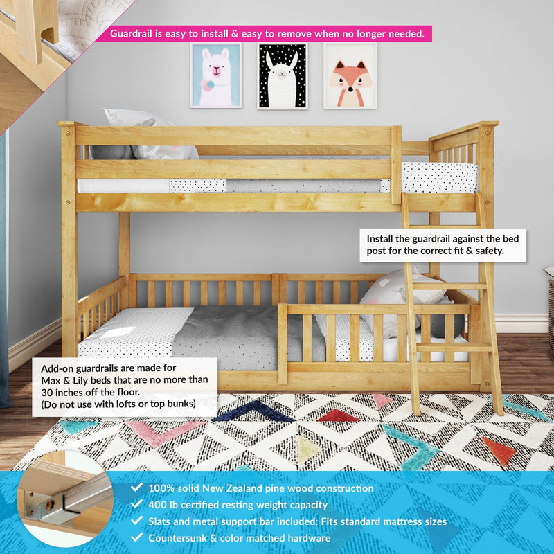 Wooden bunk bed with guardrails, featuring New Zealand pine construction and safety features, for child-friendly bedroom.