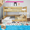 Solid natural pine twin-over-twin bunk bed with removable safety guardrail and ladder in kids' room with patterned rug and animal wall art