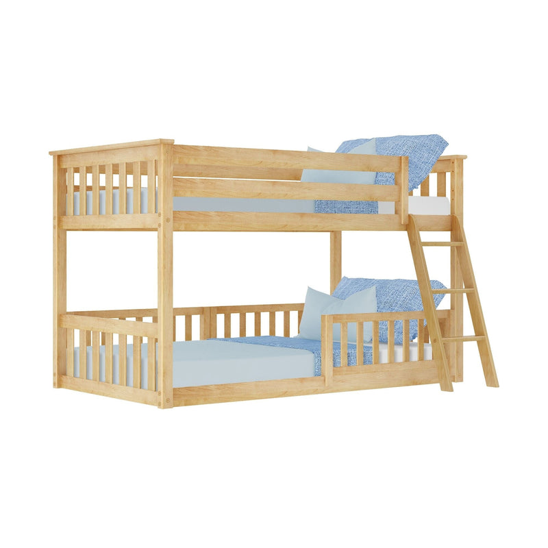 Wooden bunk bed with ladder and blue bedding, ideal for kids' bedroom furniture and space-saving solutions.