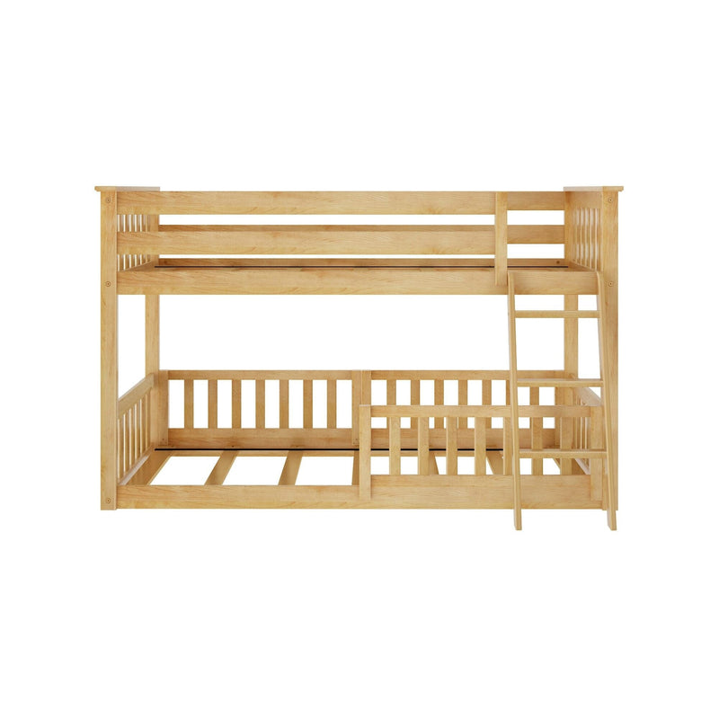 Natural wooden bunk bed frame with ladder and sturdy design for kids' bedroom.
