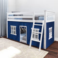 White wooden kids loft bed with ladder and navy blue playhouse curtain enclosing lower bunk, children's loft/bunk bed with blue bedding in a modern bedroom on hardwood floors