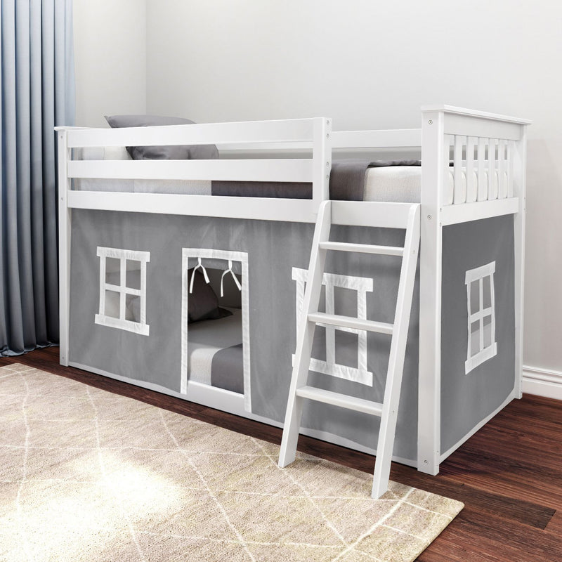 White wooden kids loft bed with ladder and gray playhouse tent curtain in modern bedroom