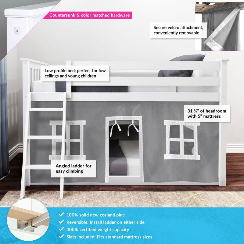 White bunk bed with ladder, featuring a low profile design, New Zealand pine construction, and reversible installation for small spaces.