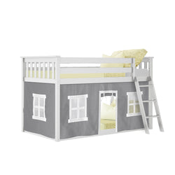 180214002054 : Bunk Beds Twin-Size Low Bunk Bed With Curtain, White + Grey Curtain