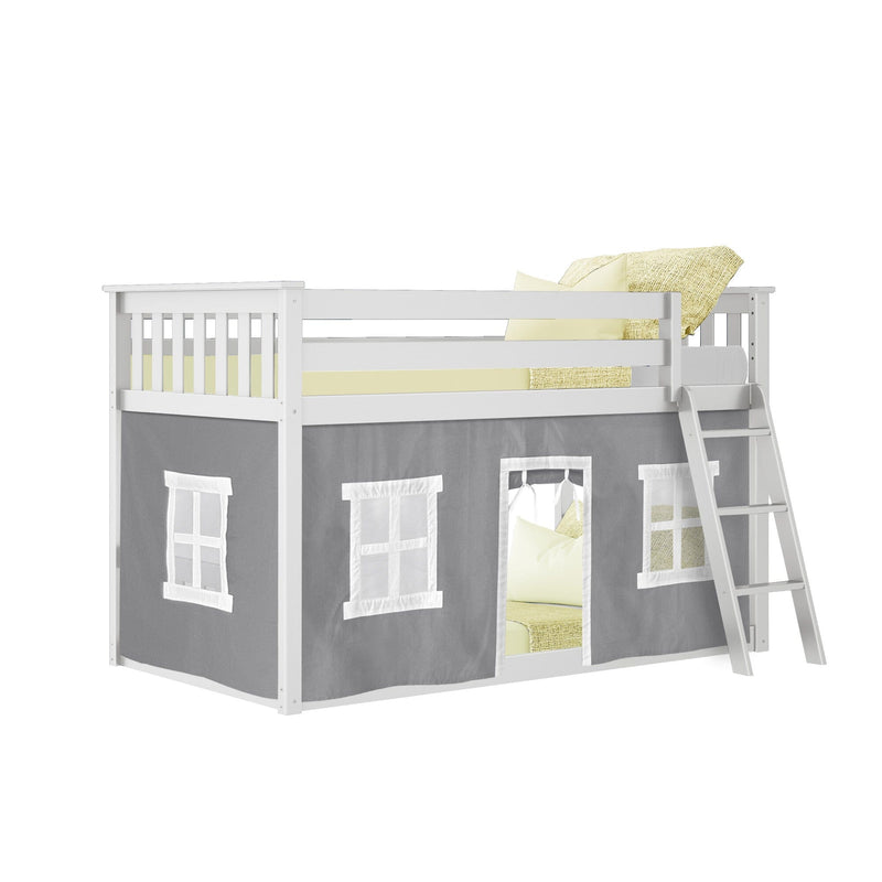 White wooden twin loft bed for kids with ladder, gray play-tent curtains and playhouse-style windows underneath and yellow bedding