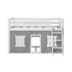 180214002054 : Bunk Beds Twin-Size Low Bunk Bed With Curtain, White + Grey Curtain