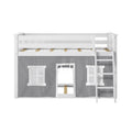 White wooden children's loft bed with ladder and gray playhouse curtain featuring windows and a doorway, kids bedroom furniture