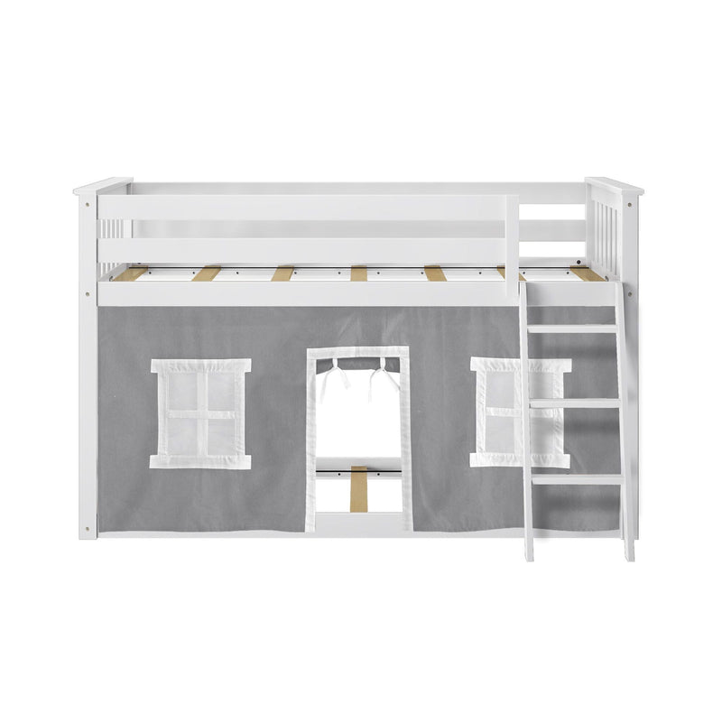 White wooden children's loft bed with ladder and gray playhouse curtain featuring windows and a doorway, kids bedroom furniture