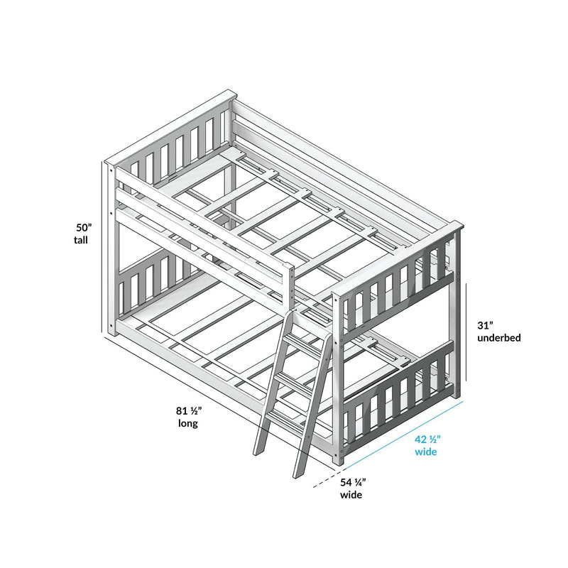 3D diagram of a wooden twin bunk bed with ladder dimensions: 50 inches tall, 81.5 inches long, 54.5 inches wide.