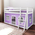 White wooden kids loft bed with ladder and purple playhouse curtain panels, purple bedding, hardwood floor and patterned rug
