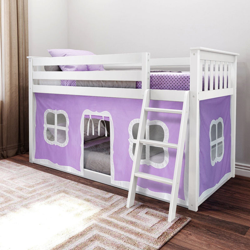 White wooden kids loft bed with ladder and purple playhouse curtain panels, purple bedding, hardwood floor and patterned rug