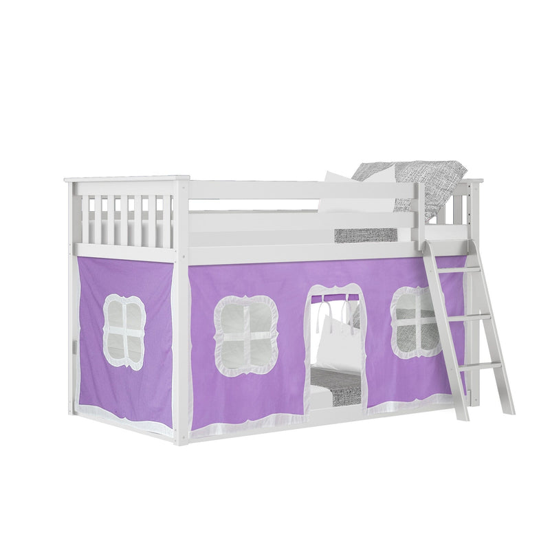 White wooden twin loft bed with ladder and purple playhouse tent curtains creating an under-bed play area — kids' bedroom furniture