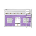 White wooden kids loft bed with ladder and purple playhouse curtain under-bed play tent for toddlers