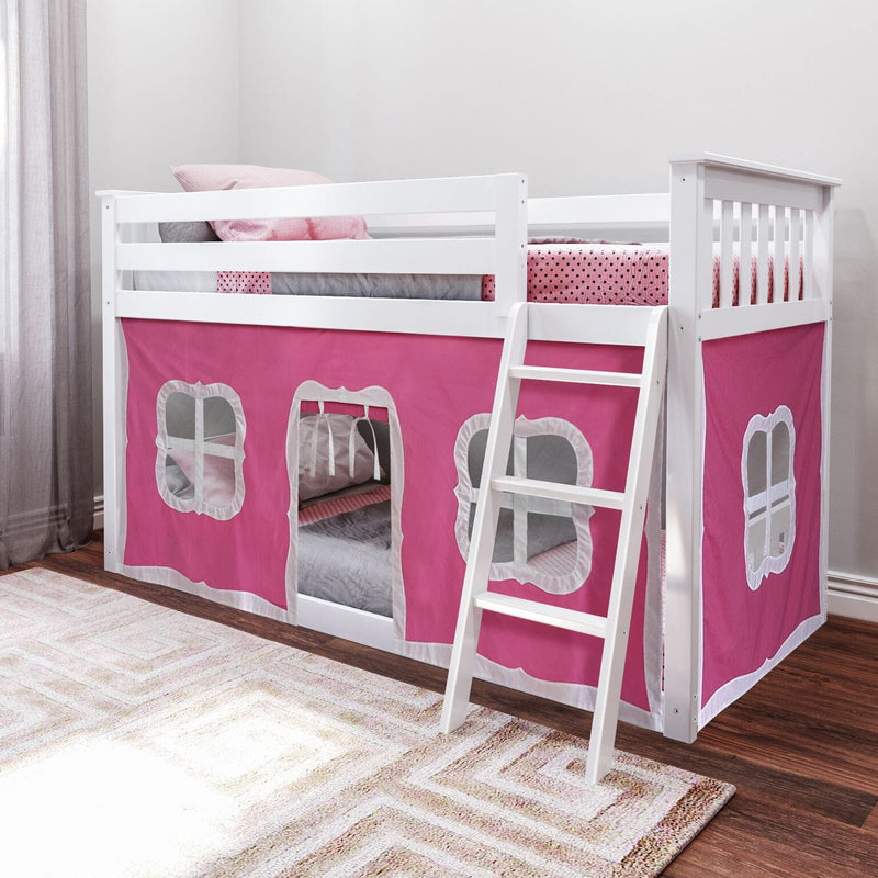 White loft bed with pink playhouse curtain, ladder, and cozy bedding for a child's bedroom.