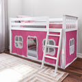 White wooden loft bed with ladder and pink playhouse tent skirt, polka dot bedding and pillows in kids' bedroom