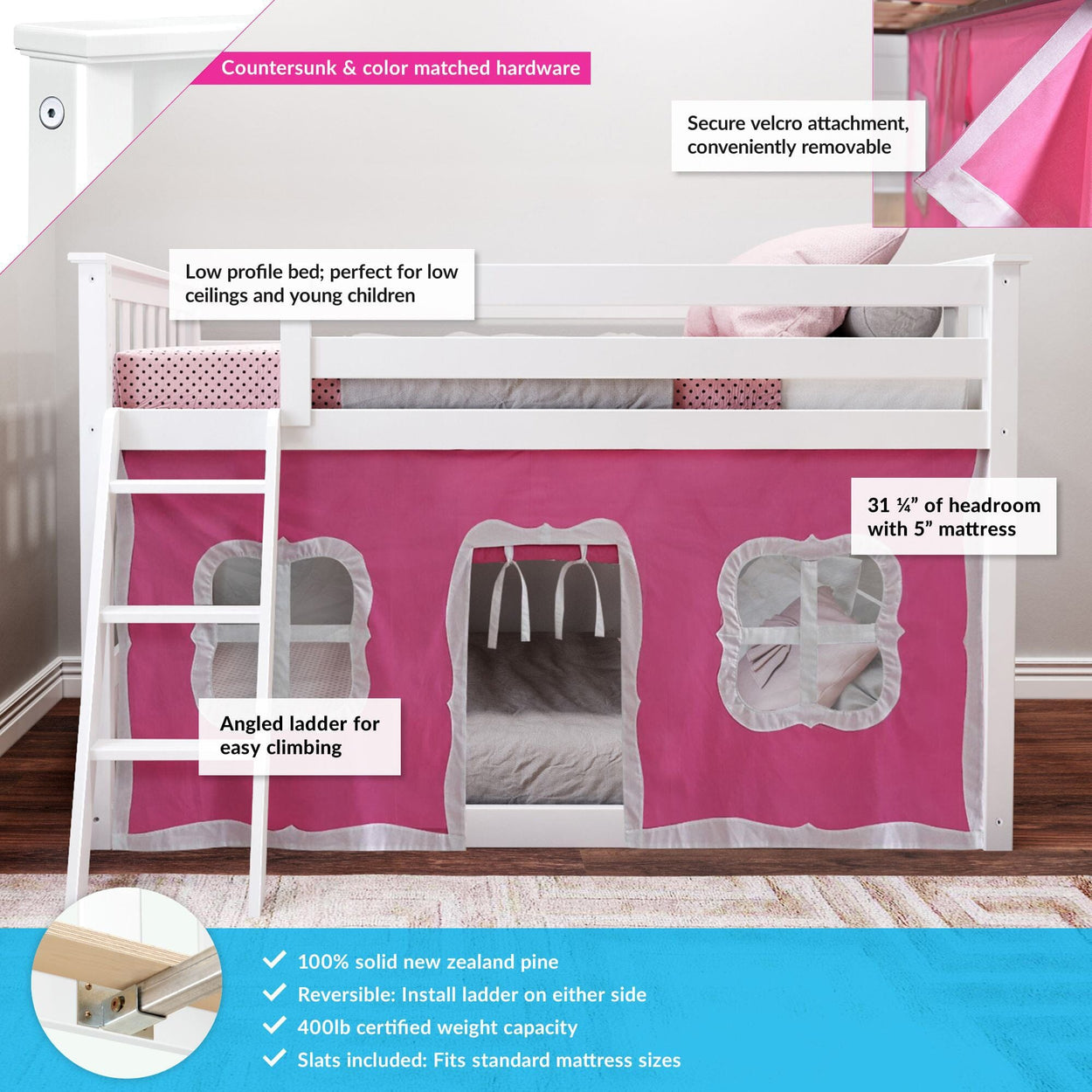180214002078 : Bunk Beds Twin-Size Low Bunk Bed With Curtain, White + Pink