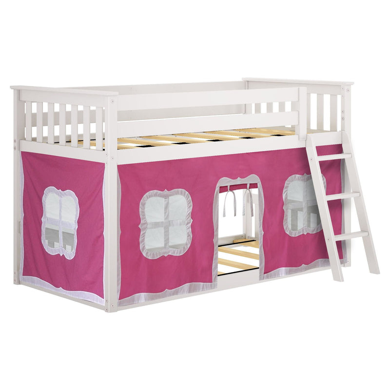 White wooden loft bed with ladder and pink playhouse curtains featuring window designs.