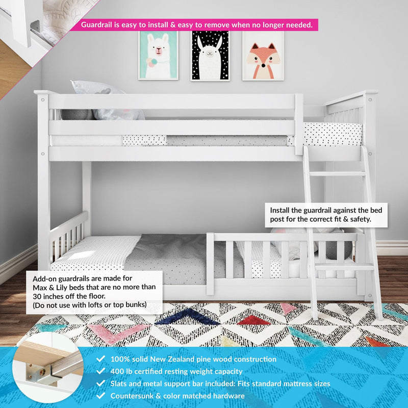White bunk bed with guardrails, featuring solid New Zealand pine wood, 400 lb weight capacity, and a ladder, perfect for kids' bedrooms.