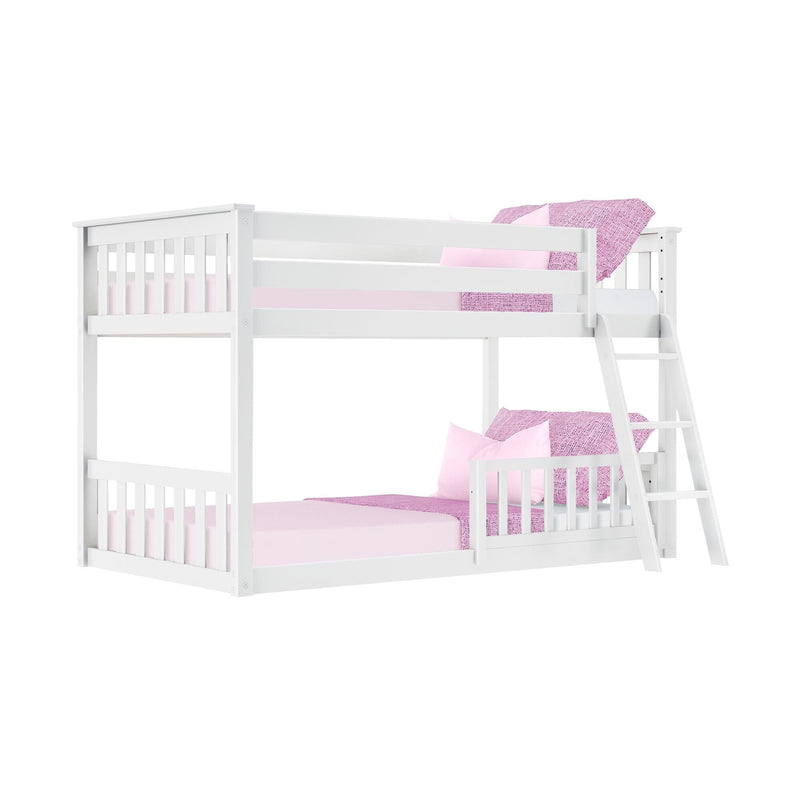 White wooden bunk bed with pink bedding and ladder, ideal for kids' bedroom furniture.