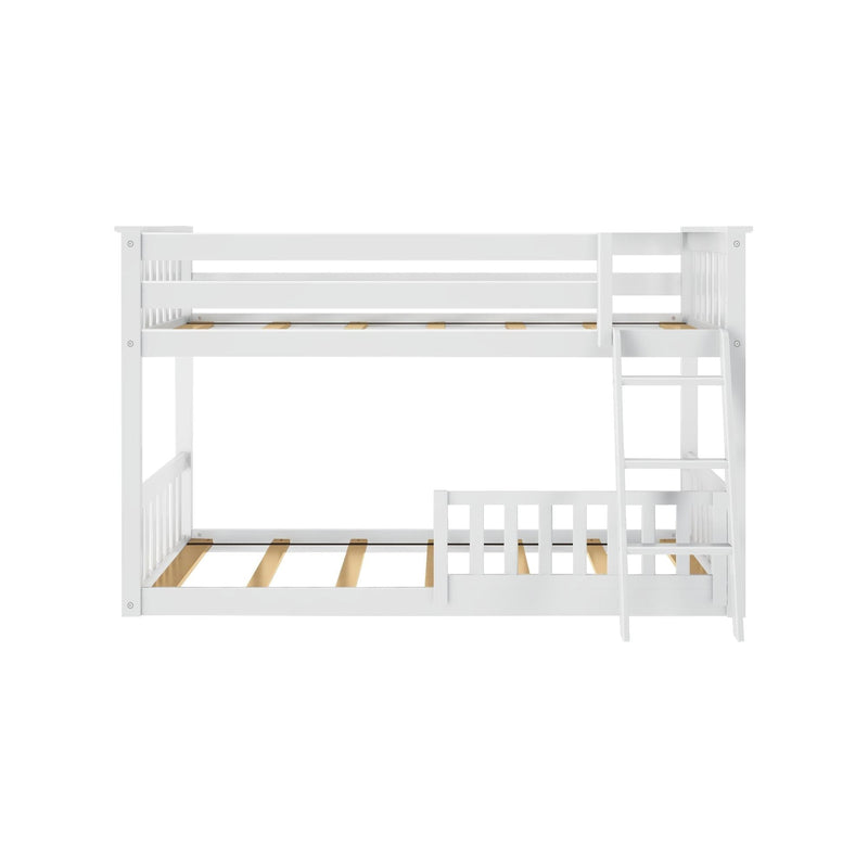 White wooden bunk bed with ladder and railings, ideal for kids' bedroom furniture.