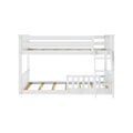 White wooden twin-over-full bunk bed with side ladder, safety rails and slatted wood support, modern kids bedroom furniture