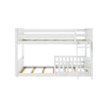 White wooden twin-over-twin bunk bed with ladder and safety rails for kids' bedroom
