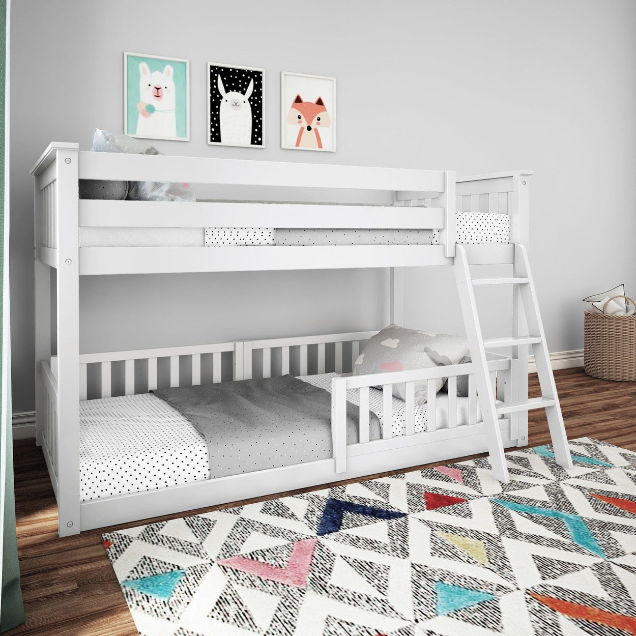 180214002309 : Bunk Beds Twin over Twin Low Bunk with Three Guard Rails, White