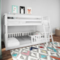 White twin-over-twin bunk bed with ladder and guardrail in kids' bedroom with colorful geometric rug and animal wall art