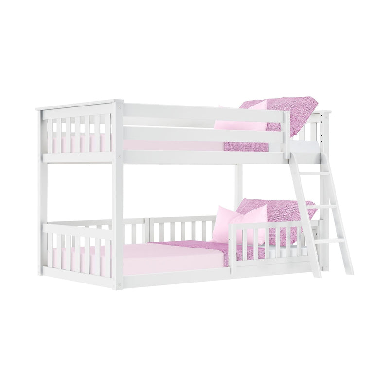 White wooden twin-over-full bunk bed with ladder and guardrails, pink bedding and pillows, modern children's bedroom furniture