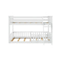 White wooden twin-over-full bunk bed with right-side ladder, slatted guardrails and wooden slat mattress supports — space-saving kids' bedroom furniture