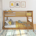 Solid wood twin bunk bed with ladder in children's bedroom, yellow bedding, cute cat wall art and striped area rug, modern kids' room decor
