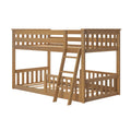 Natural oak solid wood twin-over-twin bunk bed with angled ladder and slatted guardrails — space-saving kids' bedroom furniture