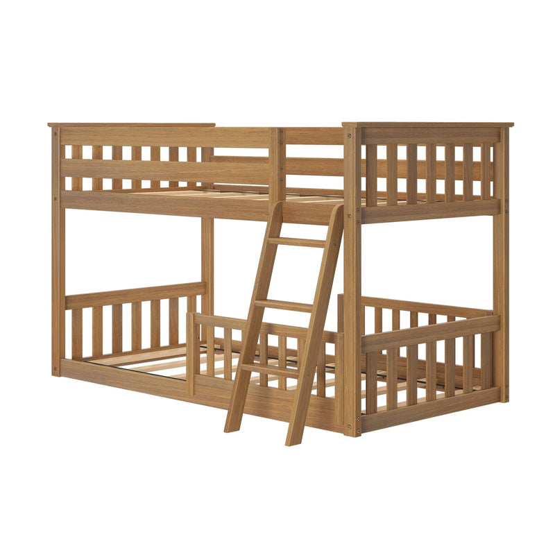 Natural oak solid wood twin-over-twin bunk bed with angled ladder and slatted guardrails — space-saving kids' bedroom furniture