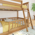 Solid wood bunk bed with ladder and yellow bedding in a bright modern kids' bedroom with rug and plant