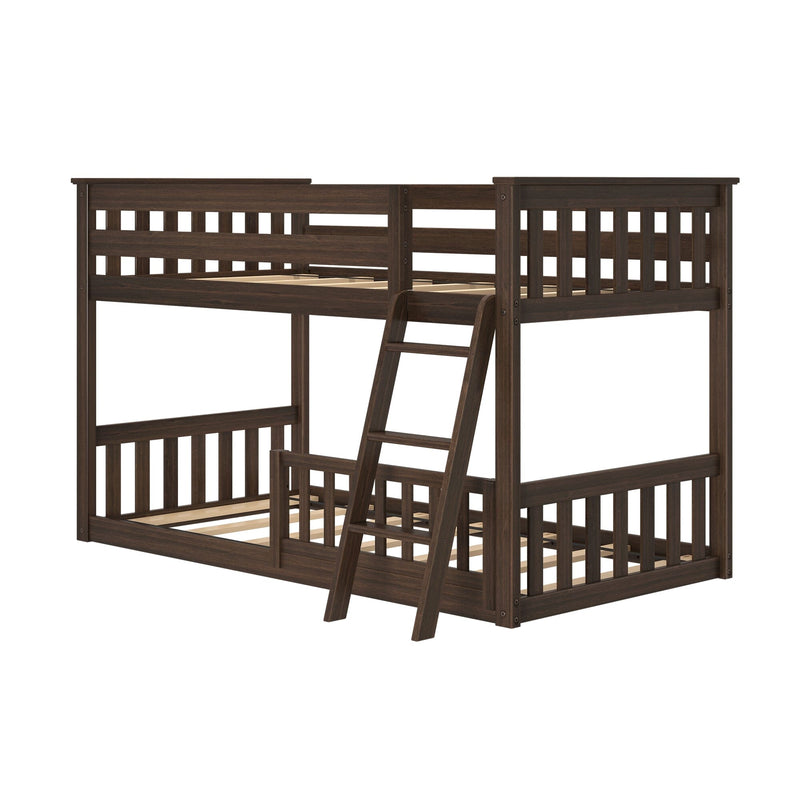 Dark wood bunk bed frame with ladder and slatted design for kids' bedroom.