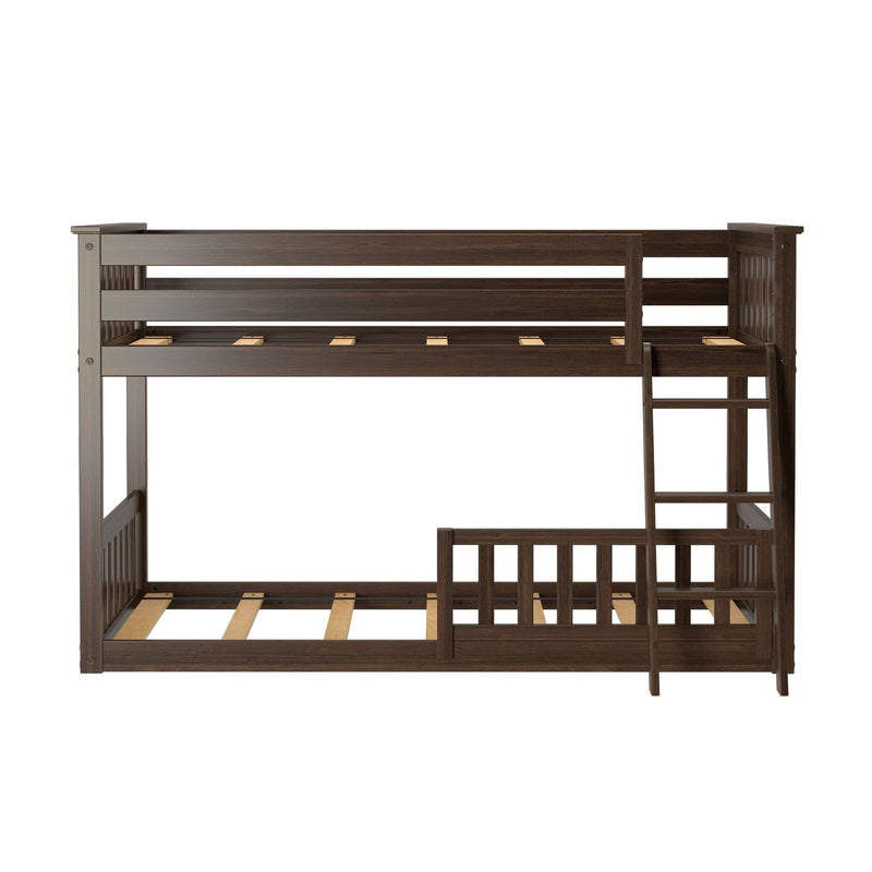 Dark wood bunk bed with ladder and railing design, perfect for maximizing space in children's bedrooms.
