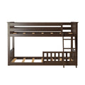 Dark brown wood-finish twin-over-twin bunk bed with right-side ladder, safety guardrails and slatted mattress supports for kids' bedroom, space-saving design