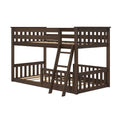 Dark brown wooden twin-over-full bunk bed frame with slatted guardrails and angled ladder, space-saving kids' bedroom furniture