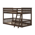 Dark espresso solid wood twin-over-twin bunk bed with angled ladder, slatted guardrails and slat support, space-saving children's bedroom furniture
