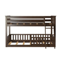 Dark brown solid wood twin-over-full bunk bed with integrated ladder, slatted guardrails and slat mattress support in mission-style design