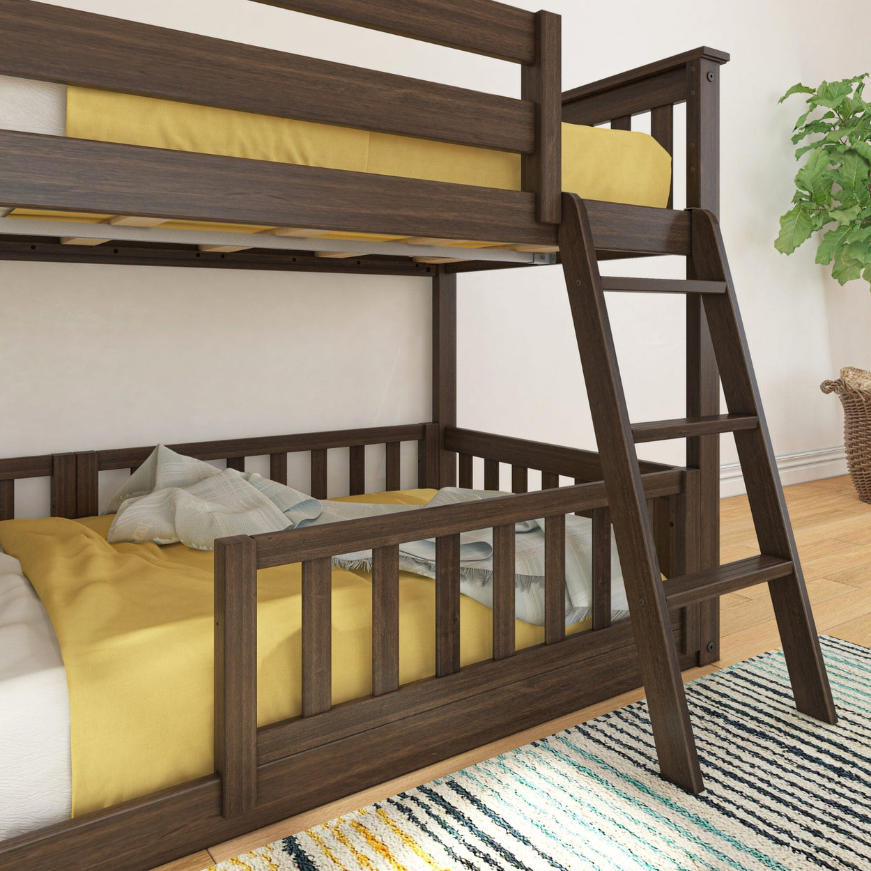 180214008309 : Bunk Beds Twin over Twin Low Bunk with Three Guard Rails, Walnut