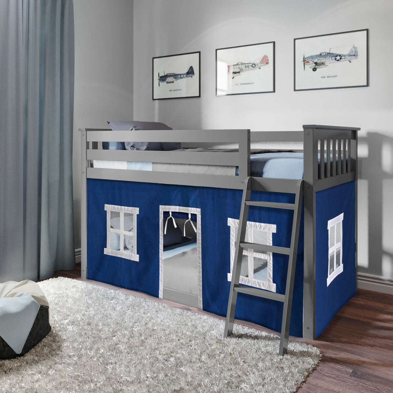 180214121022 : Bunk Beds Twin-Size Low Bunk Bed With Curtain, Grey + Blue